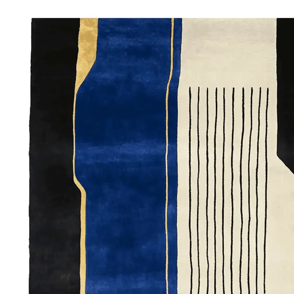 Contemporary wool area rug featuring a bold abstract design with deep blue and black panels, accented by gold and white lines. Perfect for enhancing large living rooms, this hand tufted rug adds a modern touch to any space.