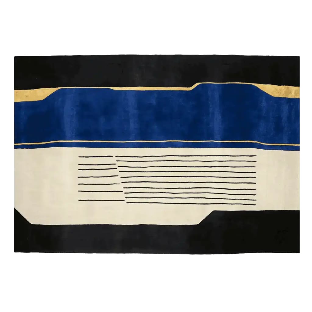 Contemporary wool area rug featuring a bold abstract design with black, blue, and gold accents, perfect for large living rooms. This hand-tufted rug offers a modern touch to your living space.