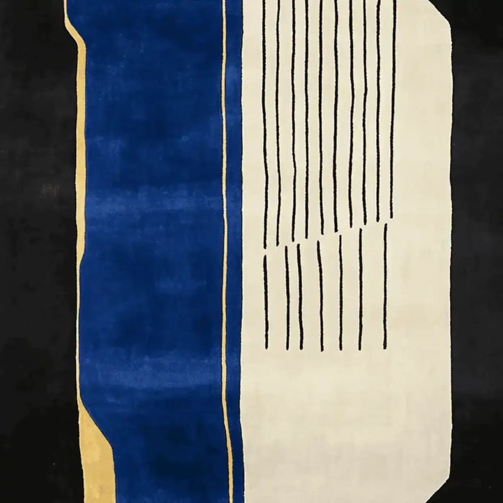 A contemporary hand tufted wool rug featuring a bold abstract design with deep blue, black, and cream sections, accented by thin vertical lines. Perfect for adding a modern touch to large living rooms, this area rug combines style and functionality.