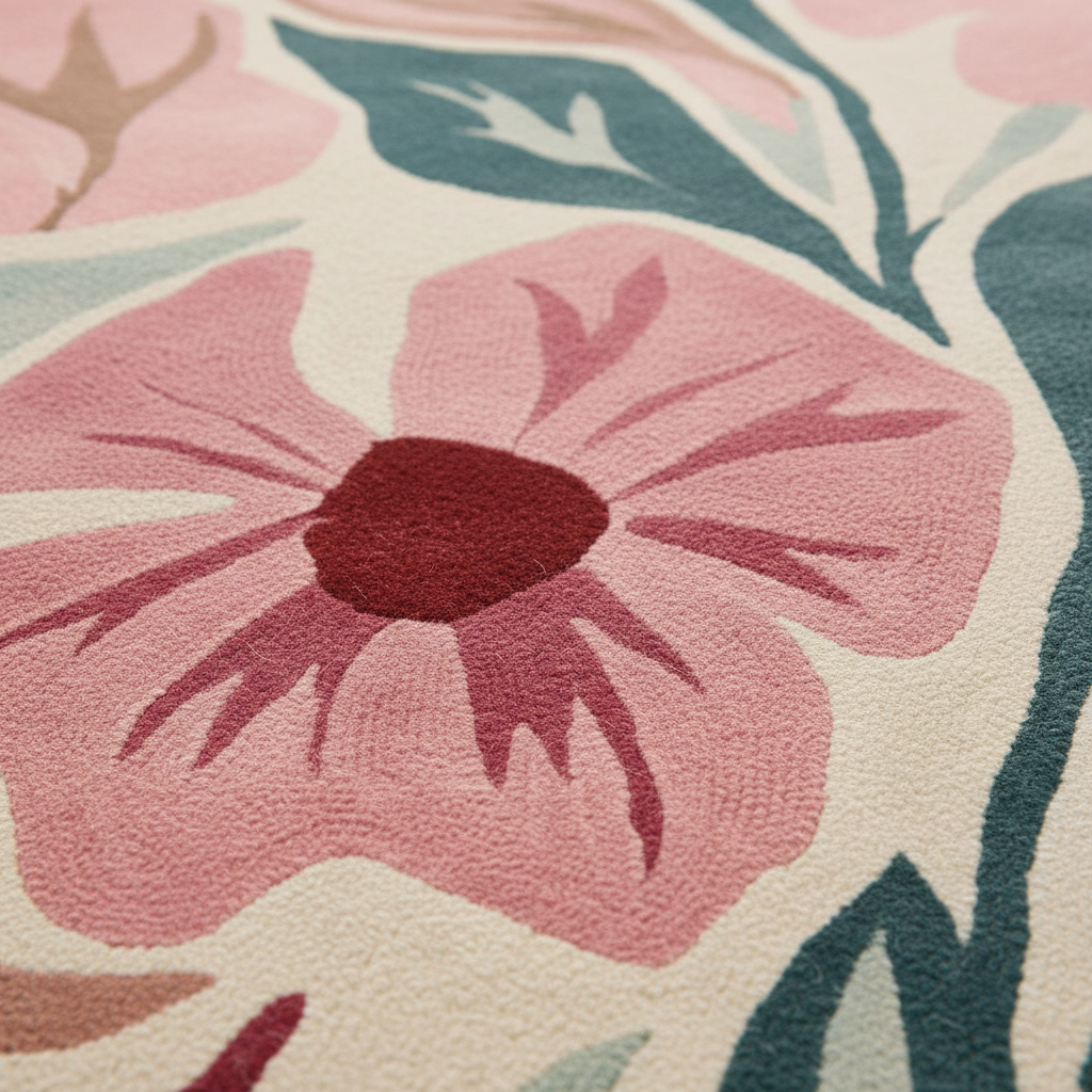 Close-up of a floral pattern with pink flowers and green leaves on a beige background.