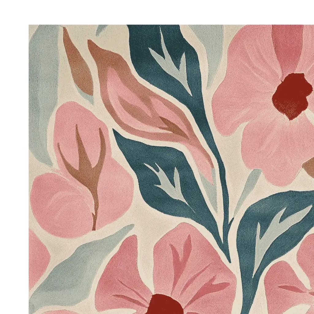 The Blush Bloom Flow Hand Tufted Rug showcases a stunning floral design with pink and blue hues, perfect for adding a contemporary touch to large living room rugs. This wool area rug for living room spaces combines elegance and comfort seamlessly.