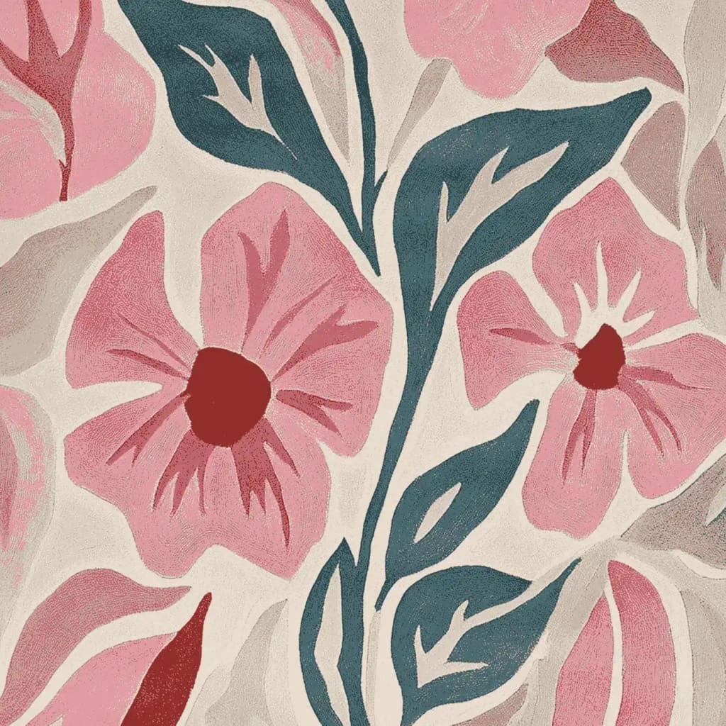 Close-up of the Blush Bloom Flow Hand Tufted Area Rug, showcasing a vibrant floral design with large pink and red flowers interwoven with dark green leaves. Perfect for adding a contemporary touch to large living rooms, this wool rug is an elegant choice for area rugs for living room spaces.