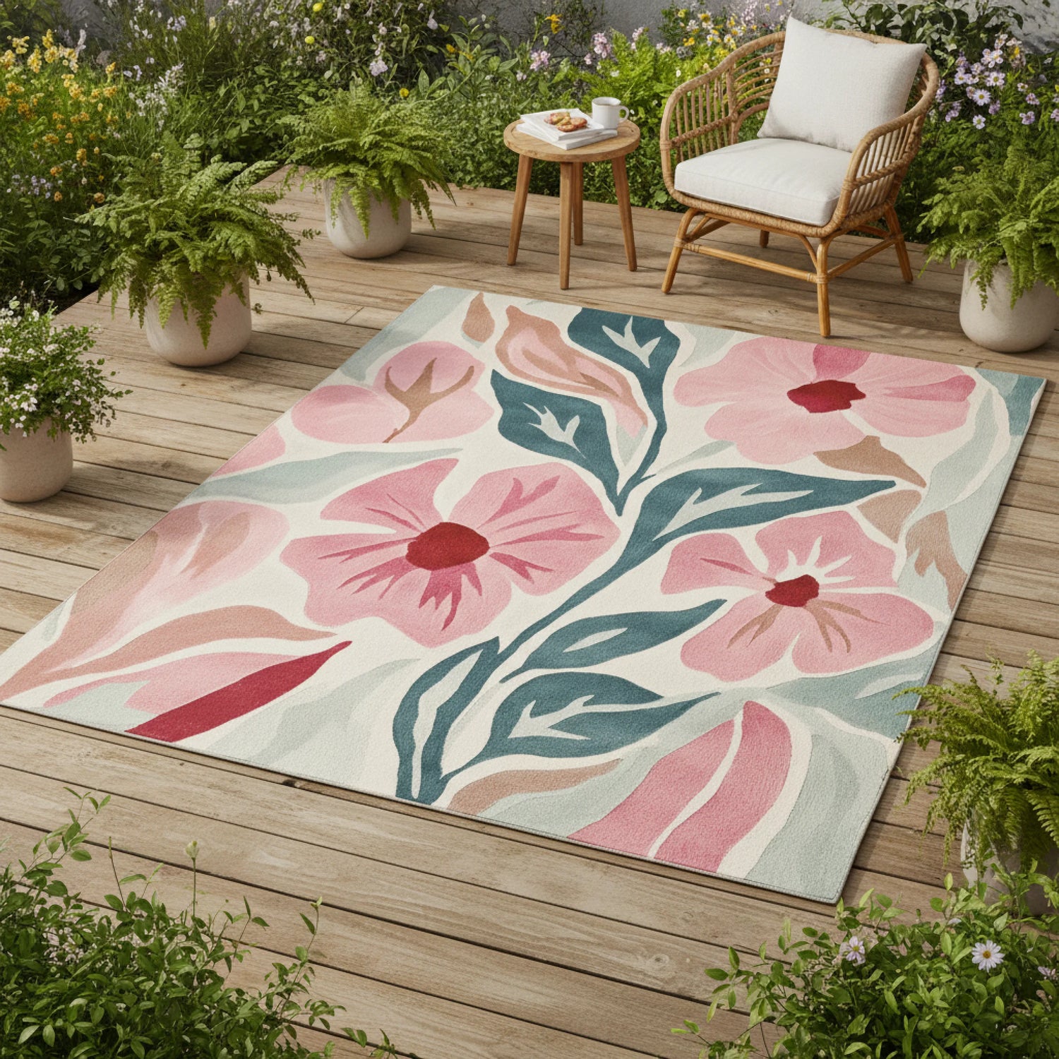 Floral rug on a wooden deck with plants and furniture