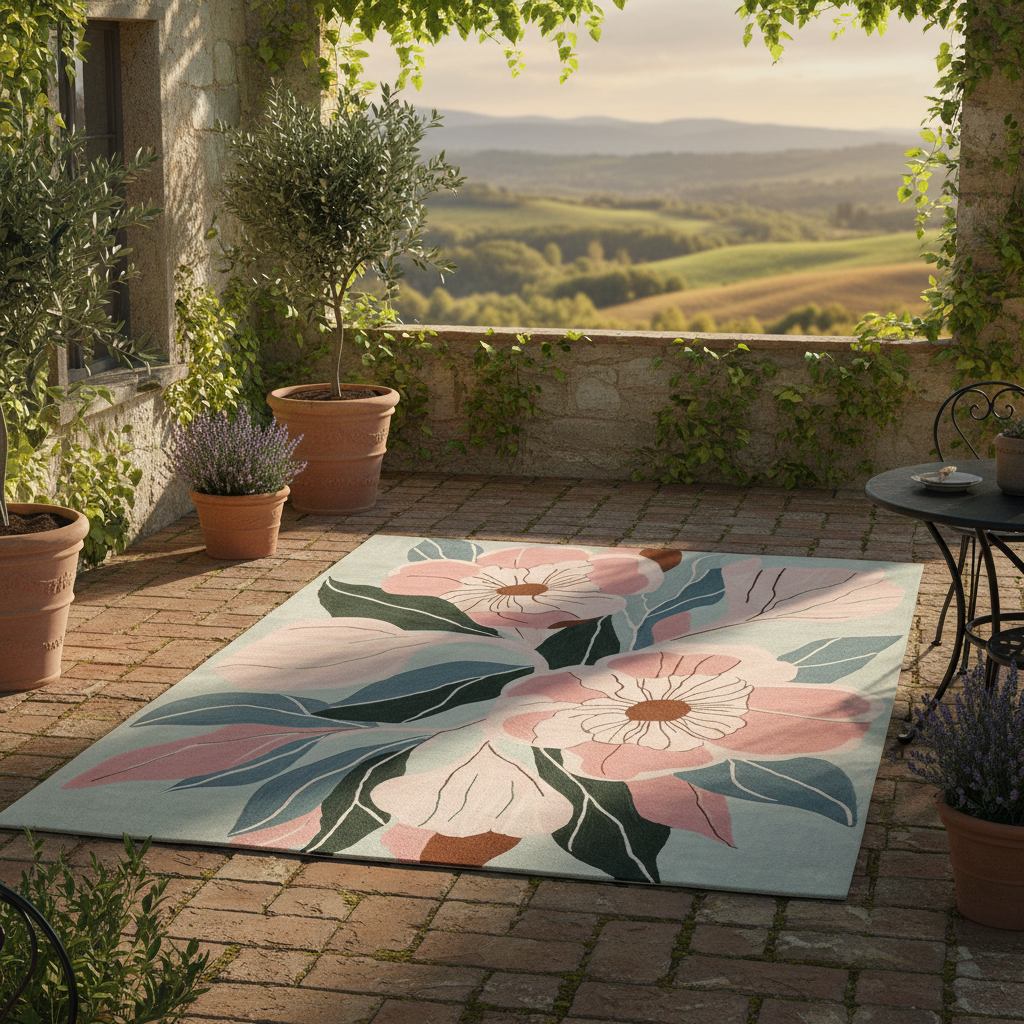 Floral rug on a patio with scenic view