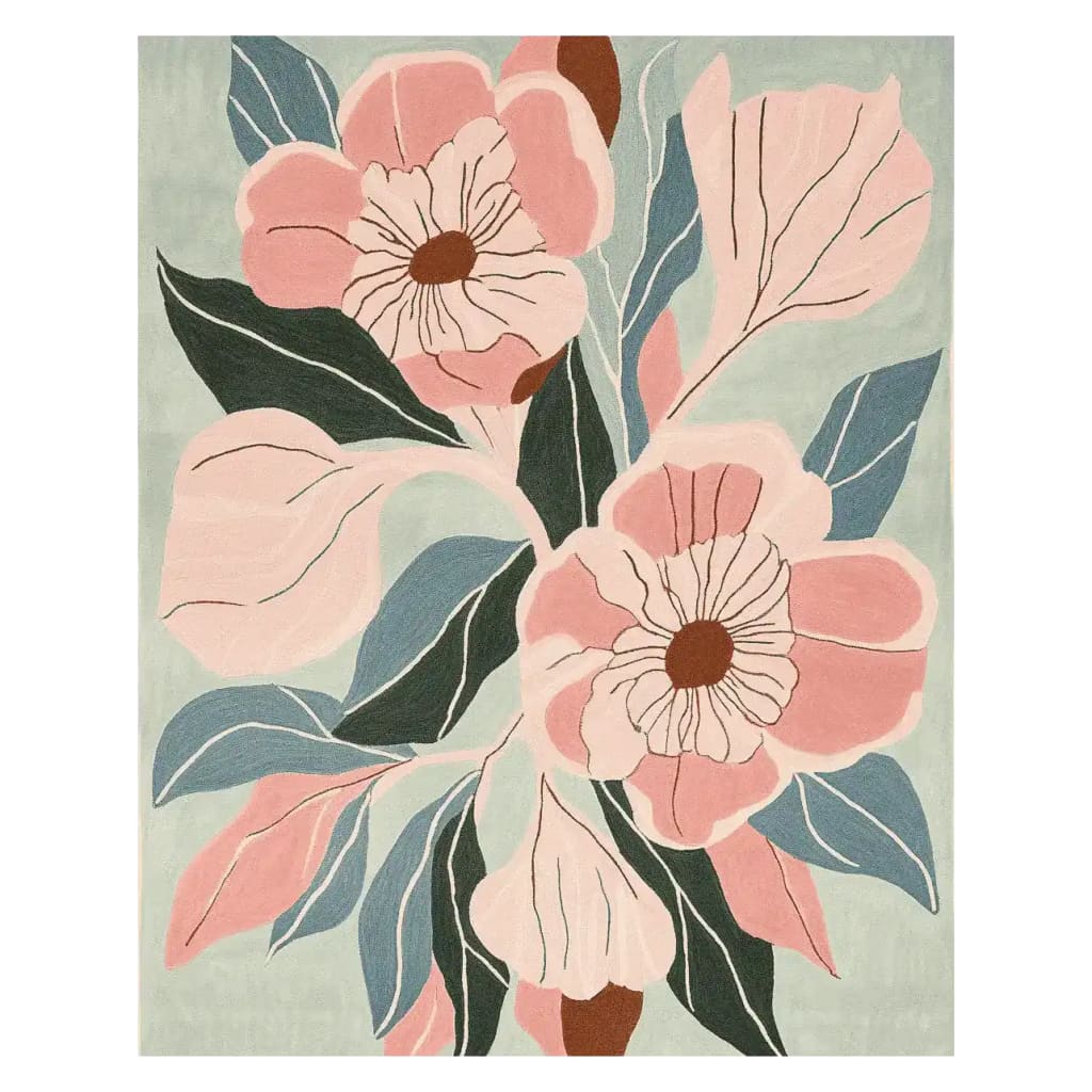Blush Bloom Hand Tufted Area Rug featuring a contemporary floral design with large pink and brown flowers and green leaves, perfect for large living room spaces. This wool rug combines elegance and comfort, ideal for those seeking rugs for living room decor.