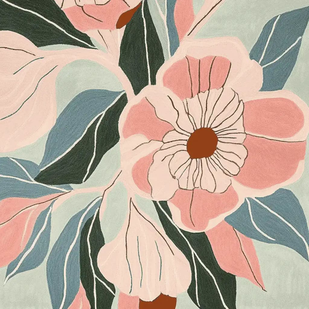 Top view of the Blush Bloom Hand Tufted Area Rug, perfect for large living rooms. This contemporary wool rug features a stunning floral pattern with pink and green hues, ideal for adding a touch of elegance to any living space.