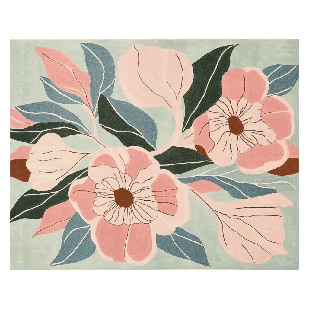This image showcases the Blush Bloom Hand Tufted Area Rug, perfect for large living room spaces. The contemporary rug features a beautiful floral pattern with soft pink and blue tones, crafted from high-quality wool. Ideal for those seeking stylish rugs for living room decor.