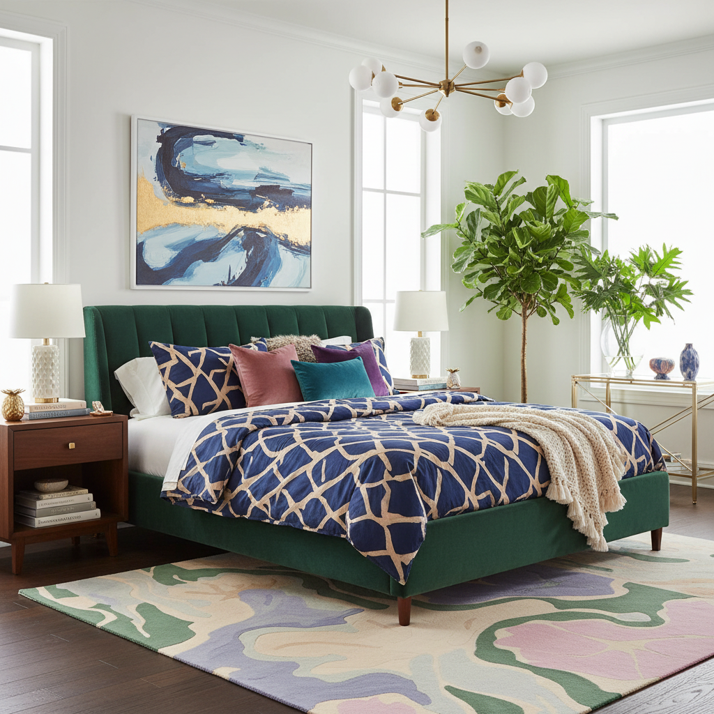 Modern bedroom with green bed, blue and white patterned bedding, an abstract wool rug, and abstract art on the wall.