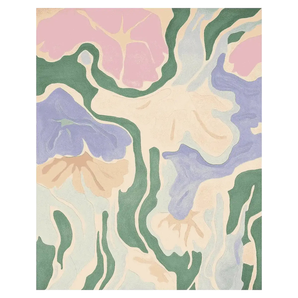 The Blush Breeze Bloom Hand Tufted Rug is a stunning area rug featuring an abstract floral design with pastel hues of pink, purple, and green. This contemporary rug is perfect for large living rooms, adding a touch of elegance and style. Made from high-quality wool, it provides a soft and luxurious feel underfoot.