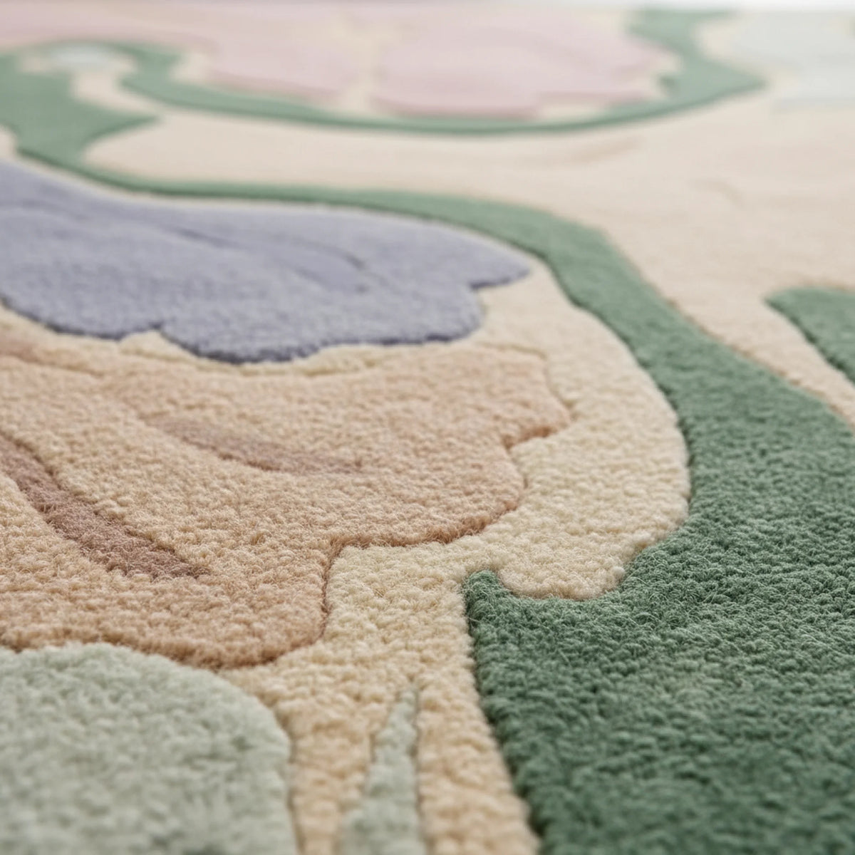 Close-up of a textured rug with floral patterns in pastel colors