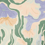 A beautifully hand-tufted area rug featuring an abstract floral design with soft pastel shades of purple, green, and peach. This contemporary wool rug is perfect for large living room spaces, adding a touch of elegance and modern flair.