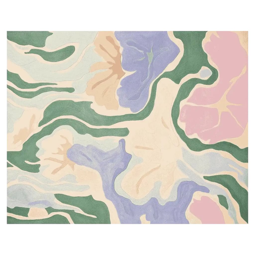 Blush Breeze Bloom Hand Tufted Rug showcasing an abstract floral design with soft pastel colors including green, pink, and purple. This contemporary area rug is perfect for large living rooms and is crafted from high-quality wool, offering both style and comfort.
