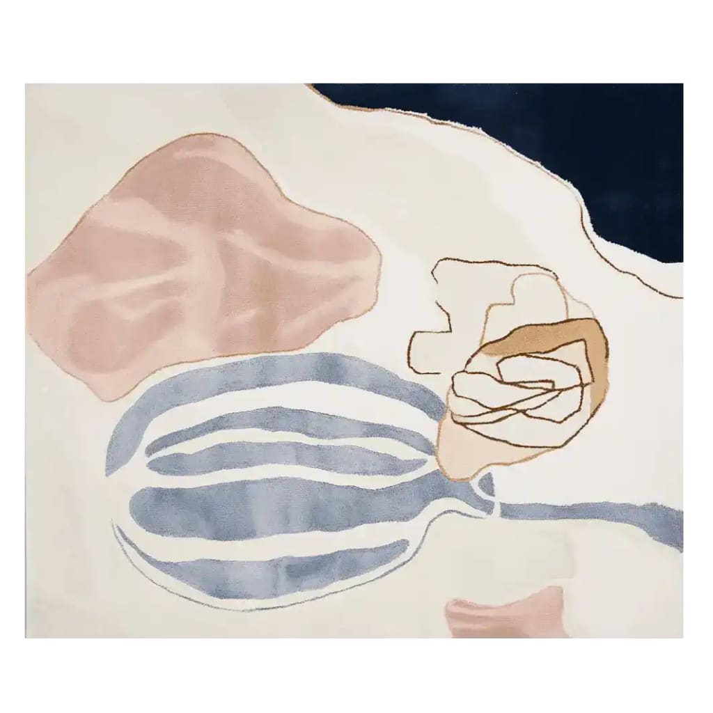 Contemporary wool area rug with abstract design featuring soft blush, blue, and beige tones, perfect for enhancing modern living room aesthetics.