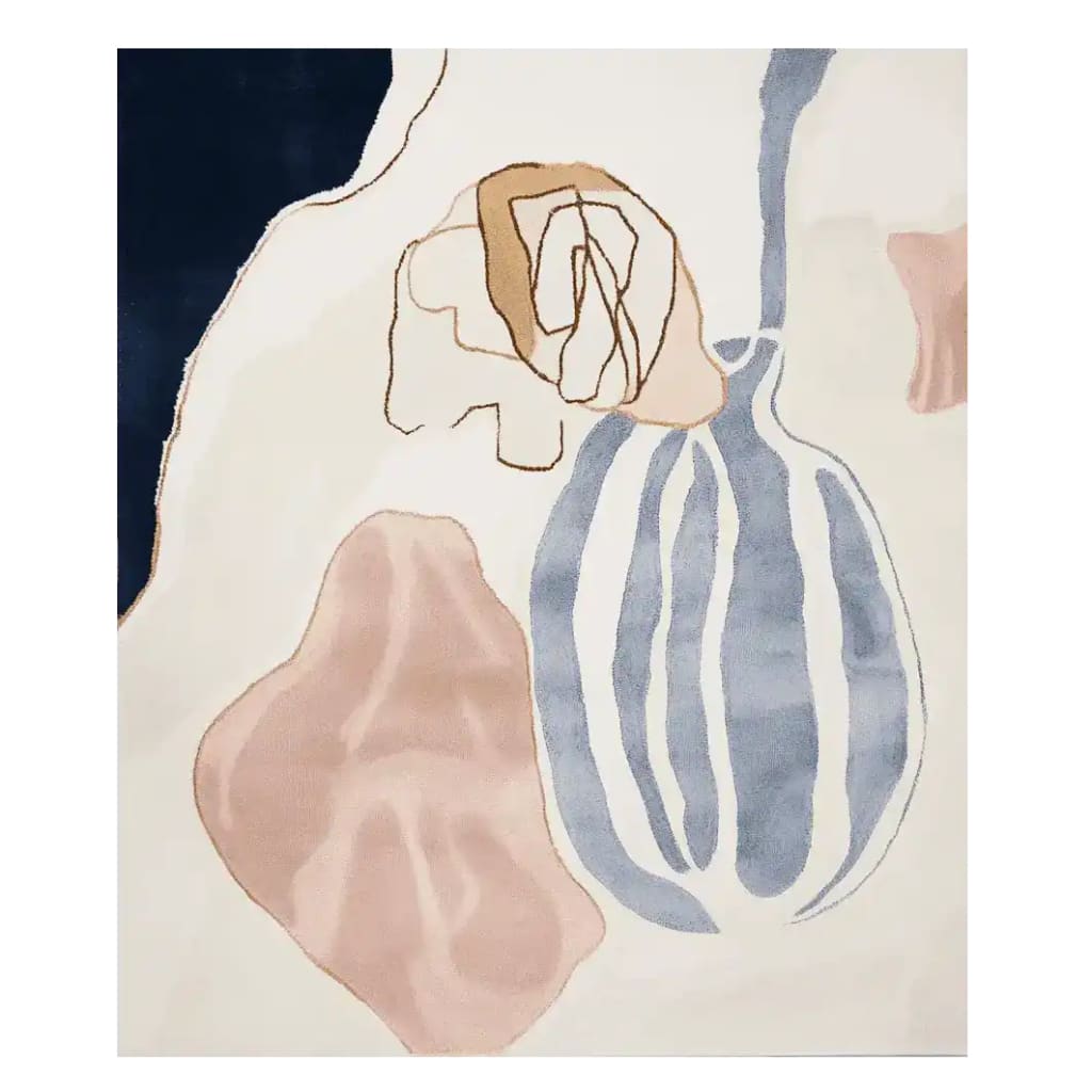 Top view of the Blush Ceramic Dreams Hand Tufted Area Rug, featuring an abstract design with soft blues and blush tones. This contemporary wool rug is perfect for enhancing the aesthetic of living room area rugs.