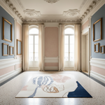 Elegant room with decorative ceiling, large windows, and a colorful rug on a light-colored floor.