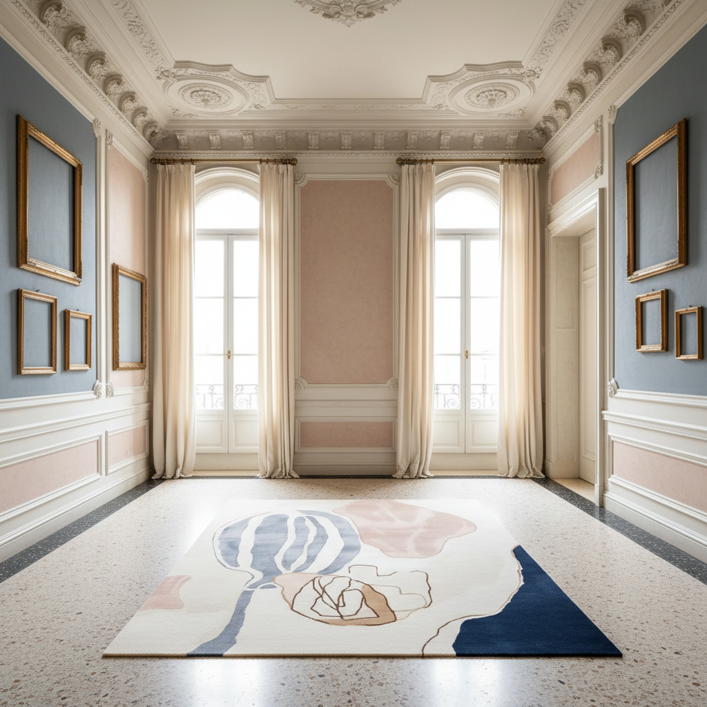 Elegant room with decorative ceiling, large windows, and a colorful rug on a light-colored floor.