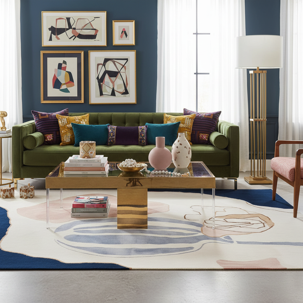 Modern living room with a green sofa, colorful pillows, an abstract wool rug, and abstract art on the wall.