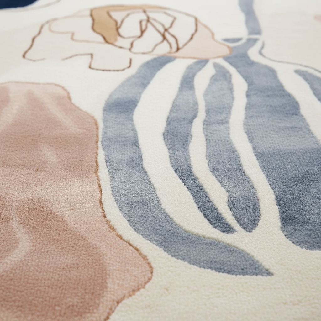 Close-up of a floral-patterned rug with pink and blue flowers.