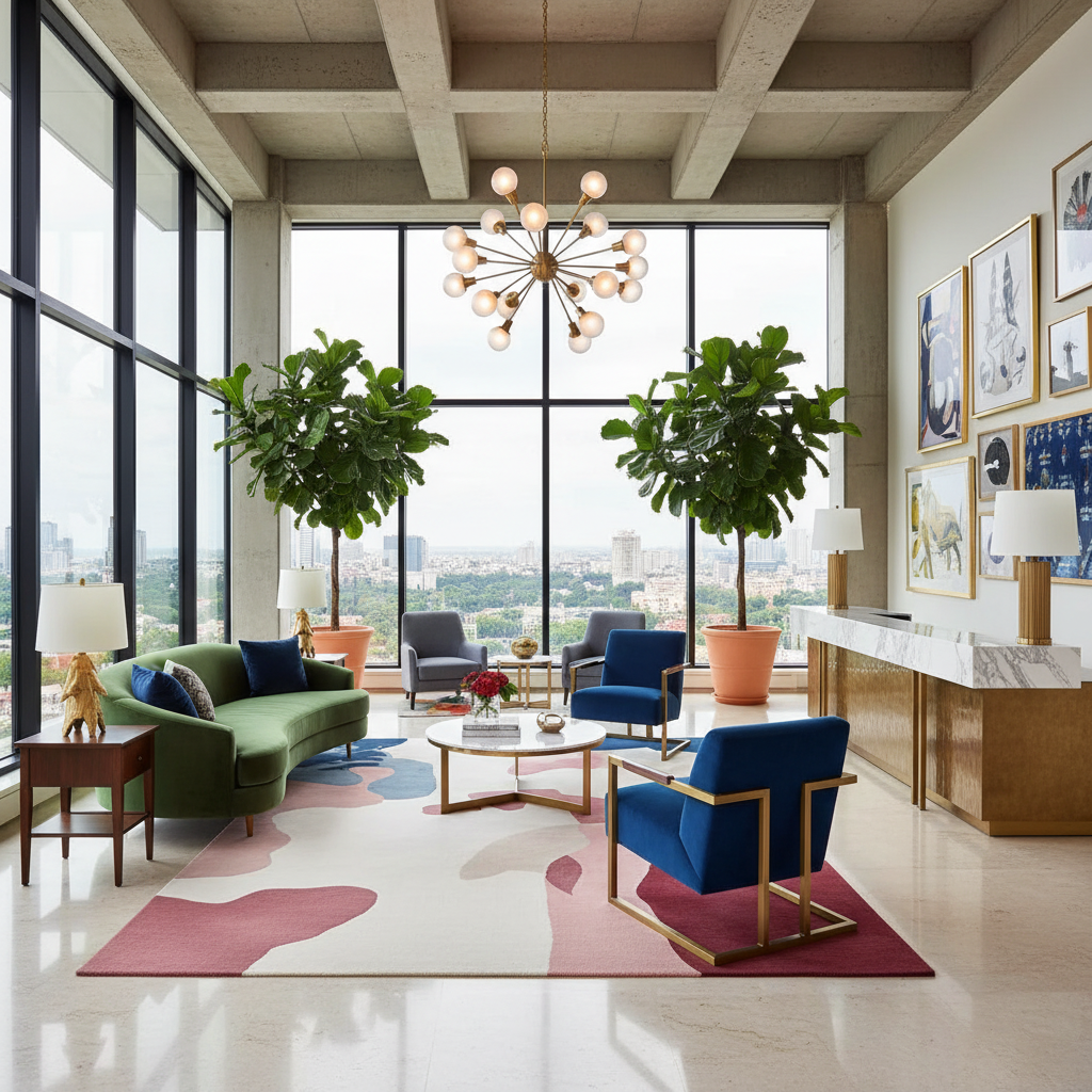 Modern living room with green sofa, a contemporary wool rug, blue chairs, and large windows overlooking a cityscape.