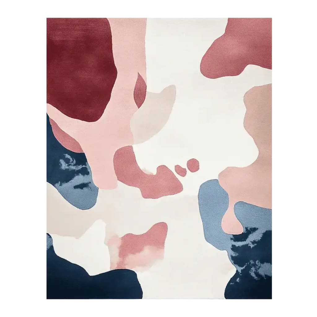 The Blush Cloud Terrain Hand Tufted Rug showcases an abstract design with soft pink, blue, and cream hues. This contemporary wool area rug is perfect for large living rooms, offering a stylish touch to any space. Ideal for use as a living room rug in an 8x10 size, it combines modern aesthetics with comfort.