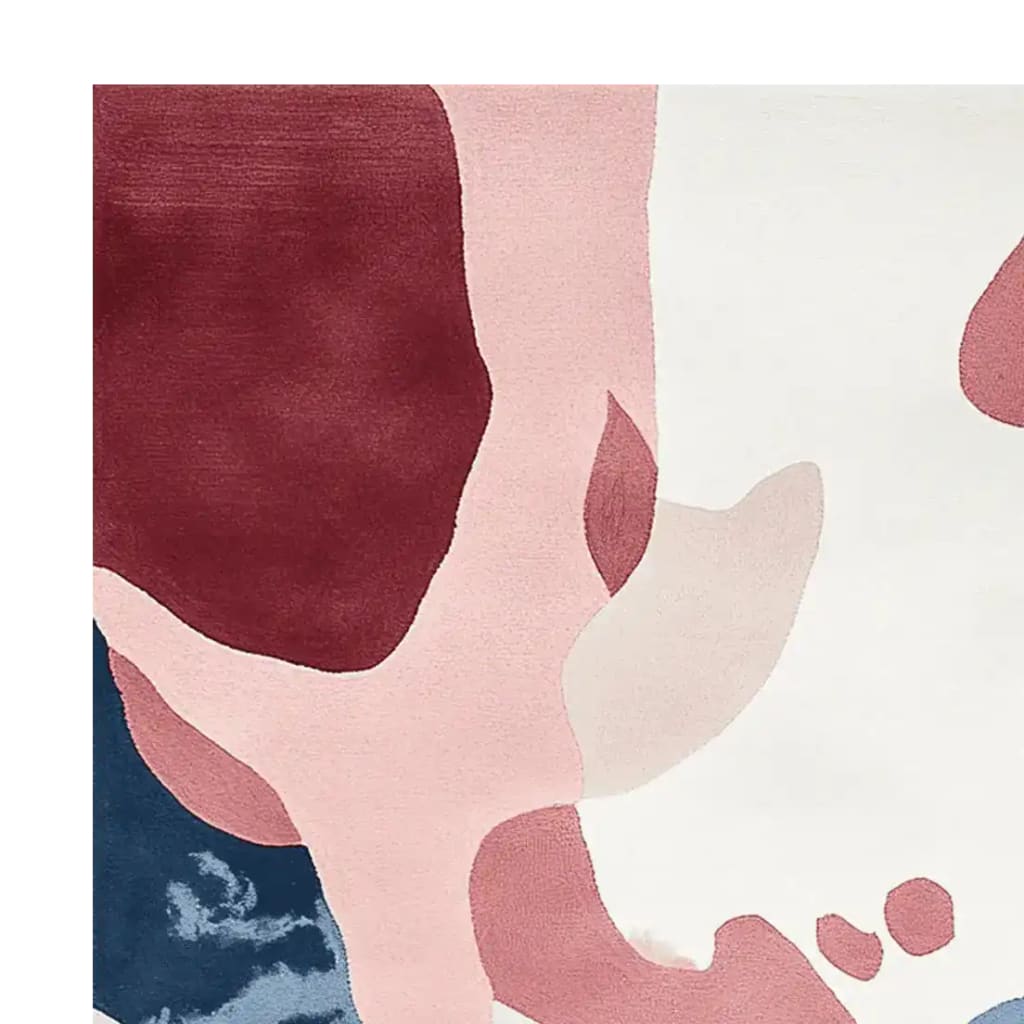 Close-up view of the Blush Cloud Terrain Hand Tufted Area Rug, showcasing its contemporary abstract design in shades of blush, burgundy, and navy. Ideal for large living rooms, this 8x10 wool rug adds a modern touch to any space.