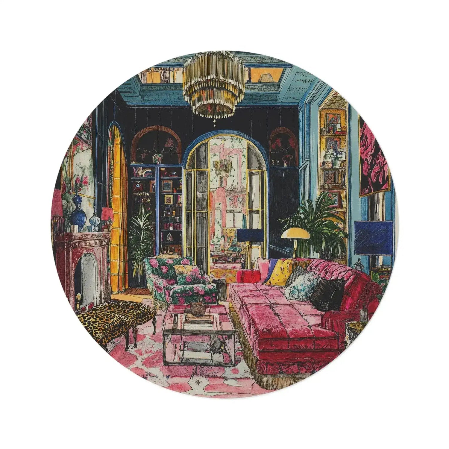 Blush Drama Abstract Round Rug circular print maximalist illustrated interior pink velvet sofa chandelier arched doorways