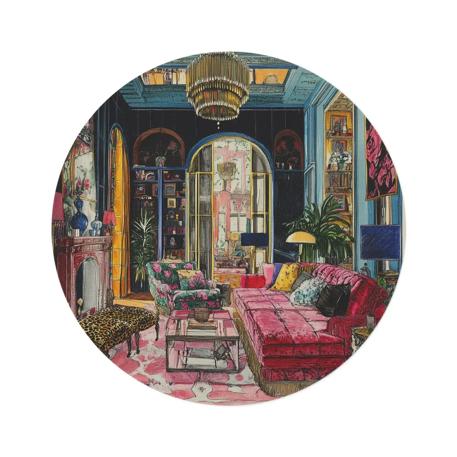 Blush Drama Abstract Round Rug circular print maximalist illustrated interior pink velvet sofa chandelier arched doorways