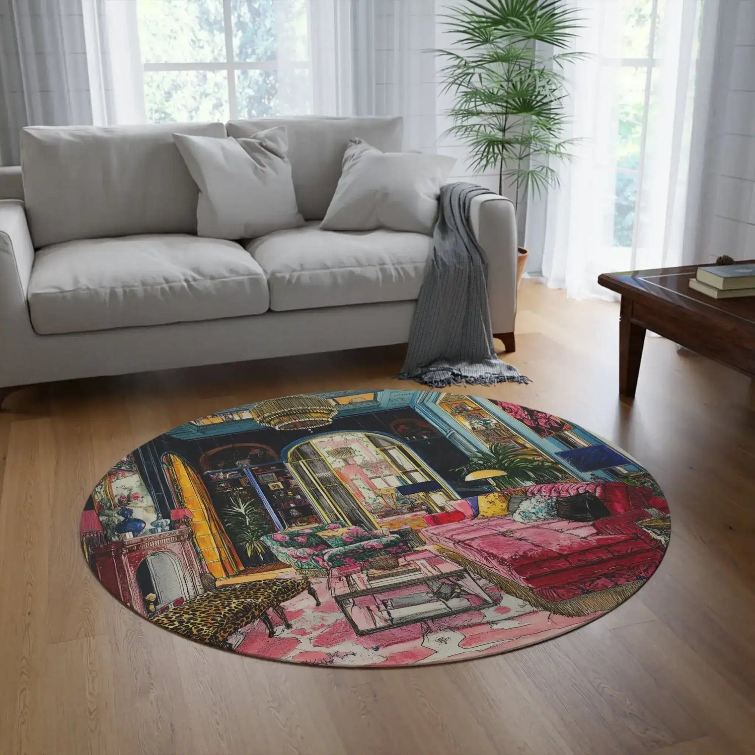 Blush Drama Abstract Round Rug in living room on hardwood floor maximalist illustrated pink interior design print