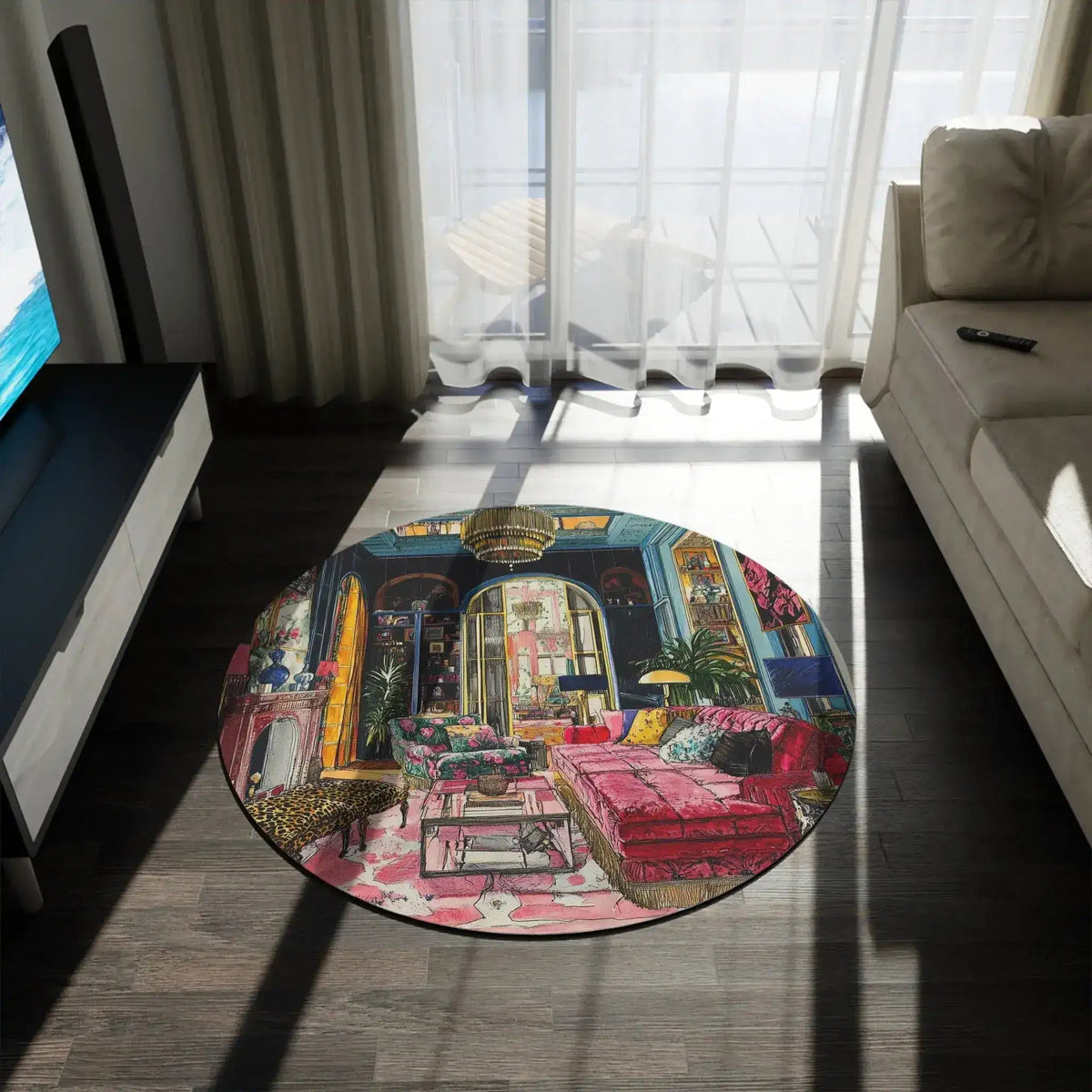 Blush Drama Abstract Round Rug in modern lounge between TV unit and sofa maximalist pink illustrated interior print