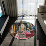 Blush Drama Abstract Round Rug in modern lounge between TV unit and sofa maximalist pink illustrated interior print