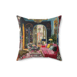 Blush Drama Abstract Throw Pillow front view with detailed colorful illustrated room interior, arched doorway, chandelier, pink sofa and rich jewel-toned decor