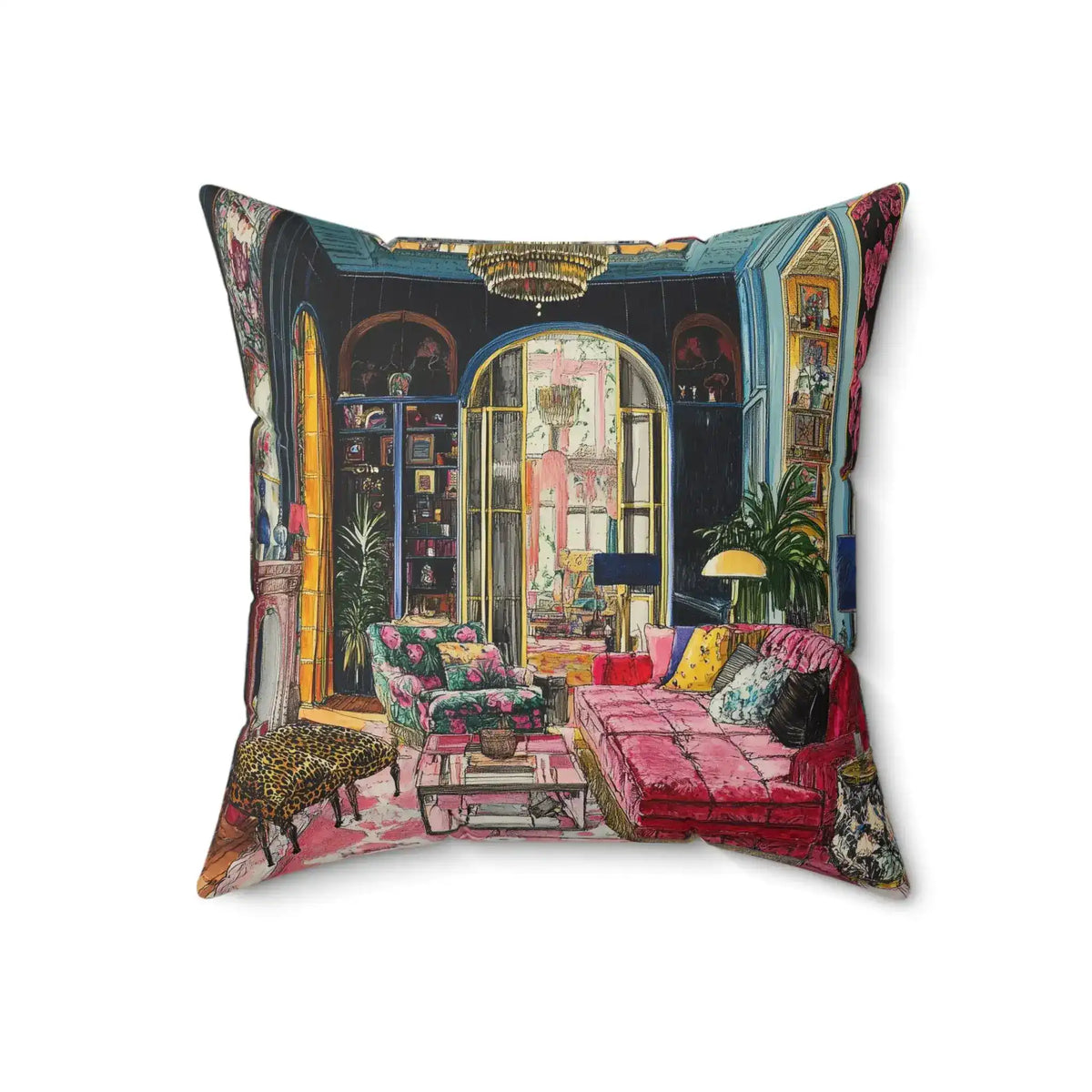 Blush Drama Abstract Throw Pillow showing opulent illustrated living room with chandelier and pink velvet daybed on linen-textured square cushion