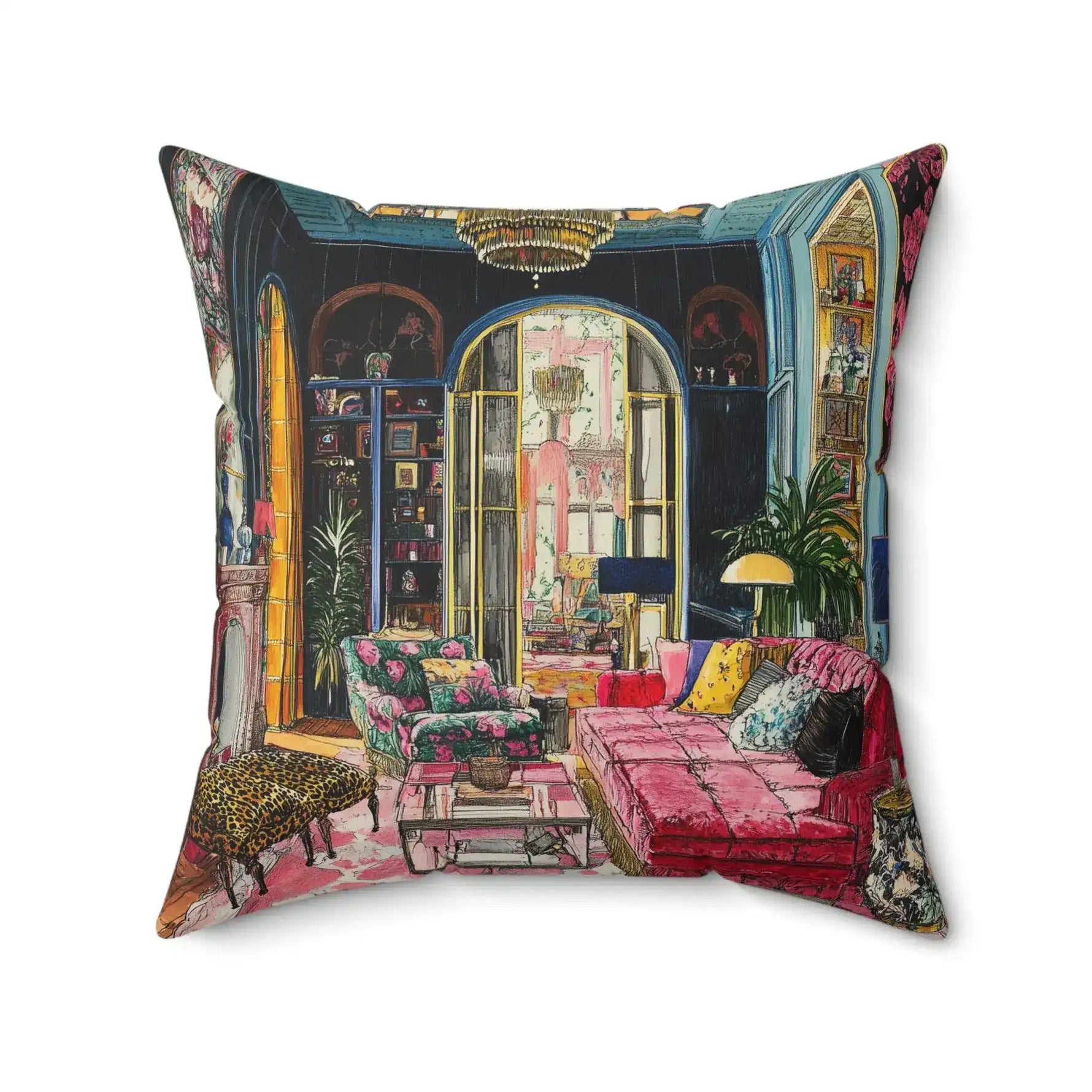 Blush Drama Abstract Throw Pillow large front view showing maximalist illustrated room scene with leopard bench, floral chairs and moody teal walls