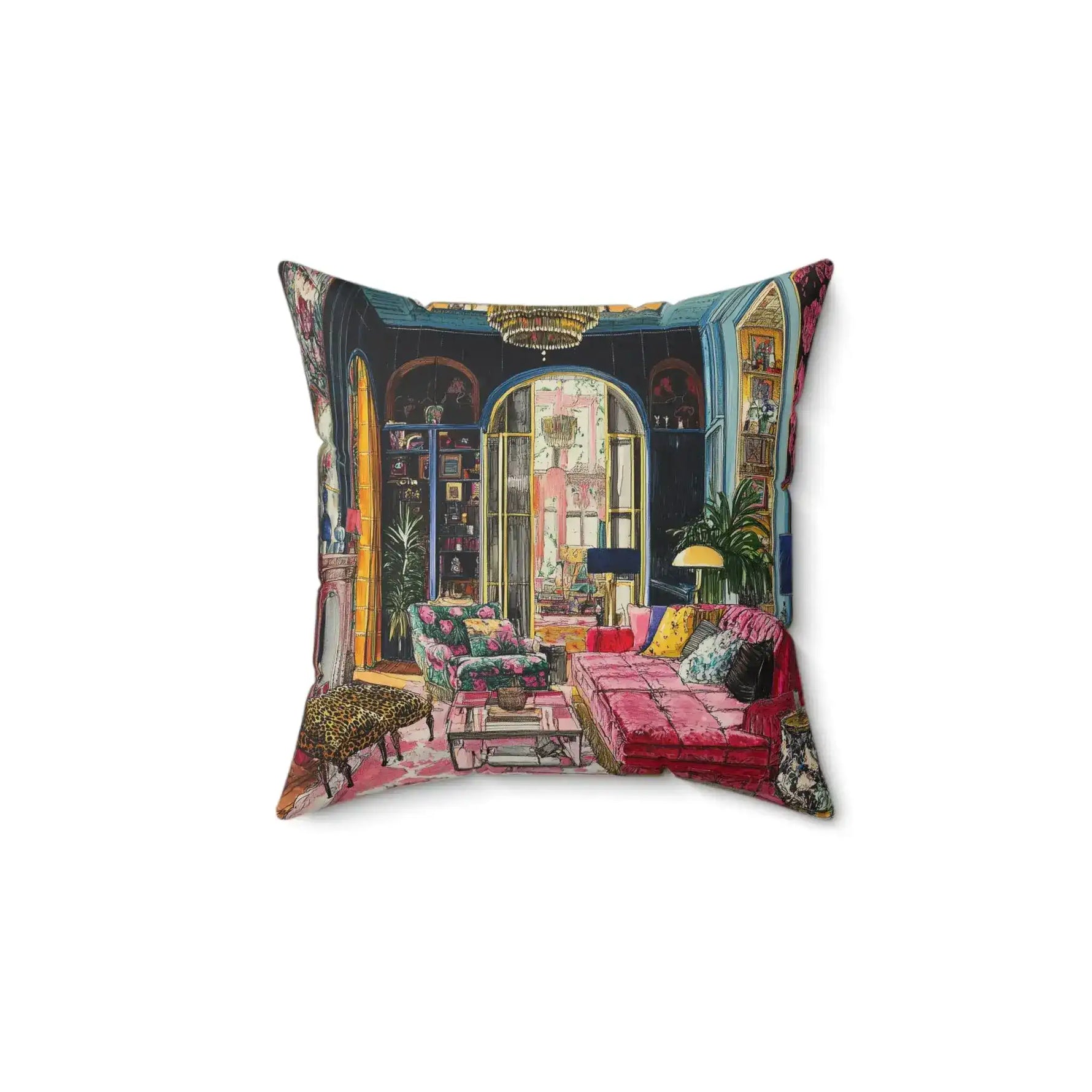 Square Blush Drama Abstract Throw Pillow with illustrated grand room scene featuring dark walls, pink velvet sofa, floral armchairs and chandelier