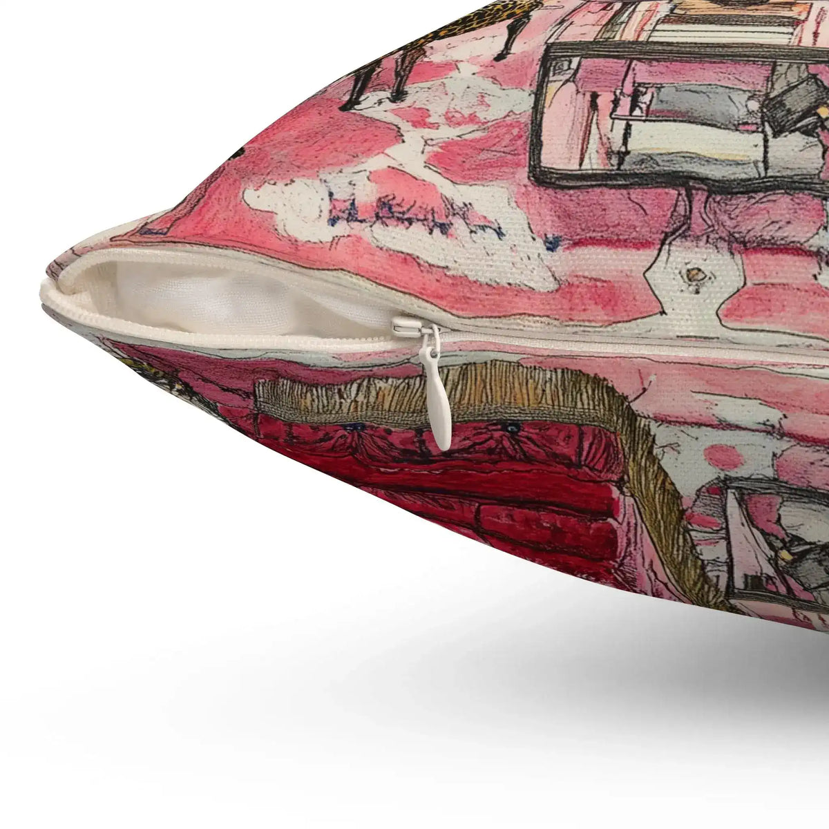 Close-up corner of Blush Drama Abstract Throw Pillow showing zipper closure and cream lining with pink abstract brushstroke art on canvas fabric