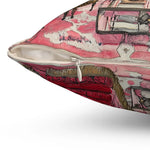 Close-up corner of Blush Drama Abstract Throw Pillow showing zipper closure and cream lining with pink abstract brushstroke art on canvas fabric
