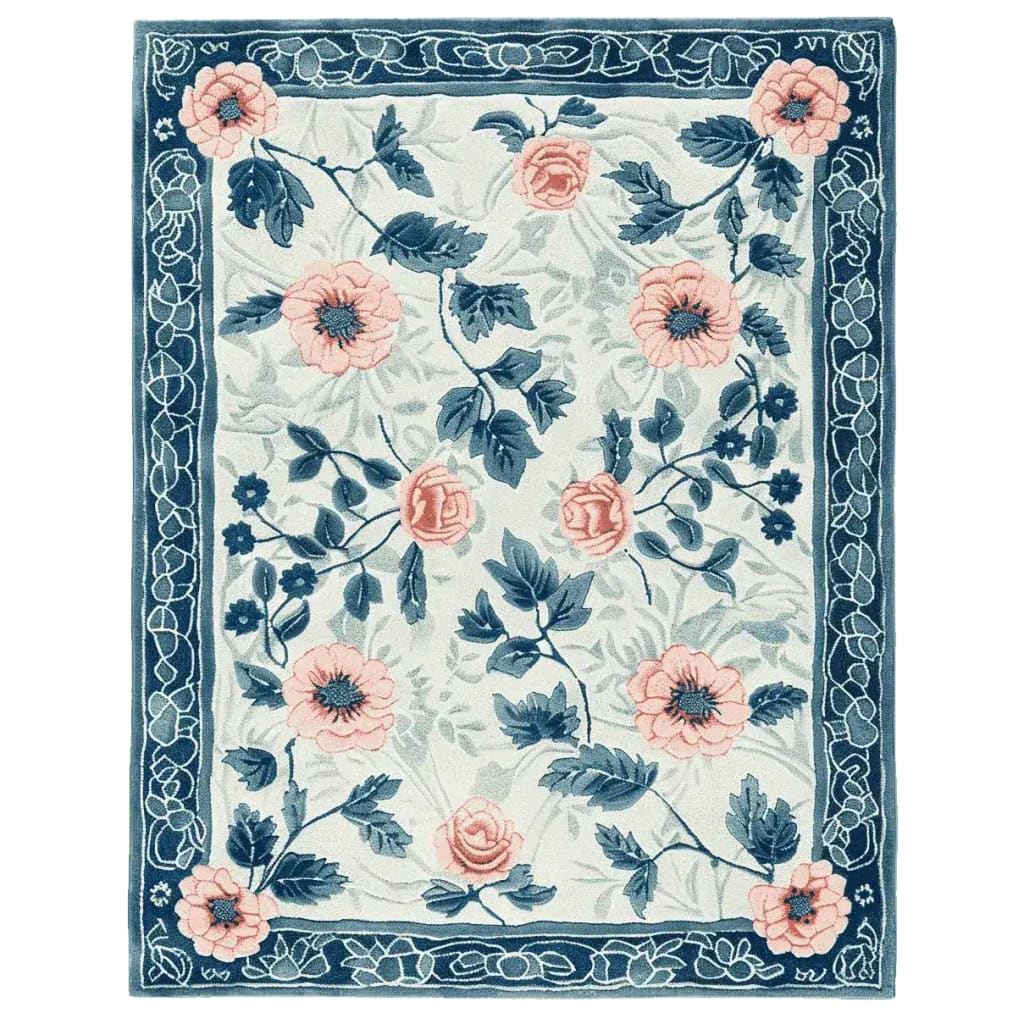 Elegant Blush Garden Bloom Hand Tufted Area Rug featuring a vibrant floral design with pink and blue flowers, perfect for adding a touch of nature to your living room. This wool rug combines style and comfort, ideal for those seeking a luxurious floral rug.