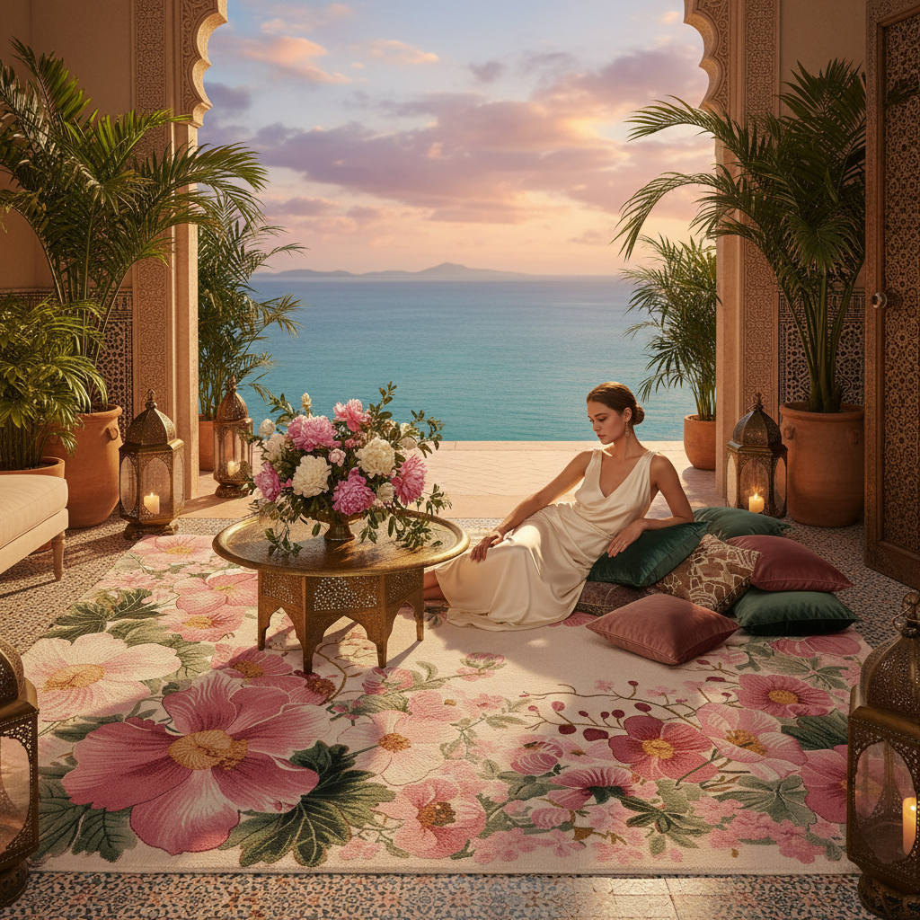 Woman in a white dress sitting on a floral rug with a scenic ocean view.
