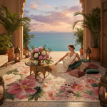 Woman in a white dress sitting on a floral rug with a scenic ocean view.