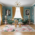 Luxurious living room with green sofa, floral rug, and gold accents