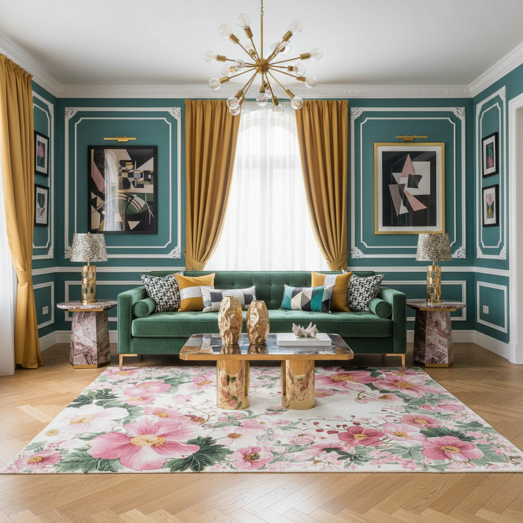 Luxurious living room with green sofa, floral rug, and gold accents