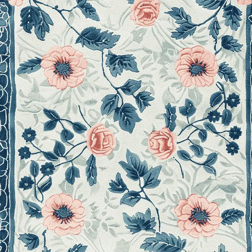 A beautifully detailed hand tufted area rug featuring a vibrant floral design with pink and blue blooms. This wool rug is perfect for adding elegance to any living room setting.