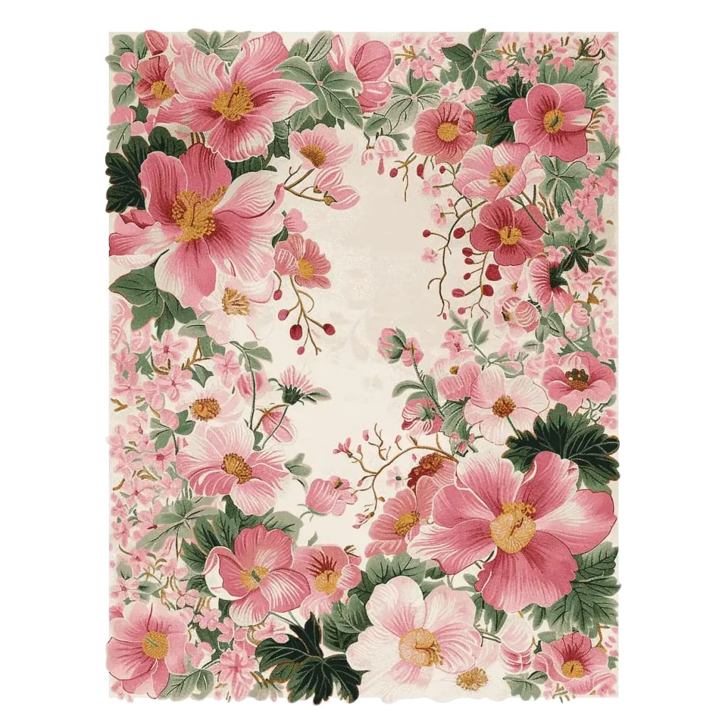 A beautiful Blush Garden Bloom Hand Tufted Area Rug showcasing a vibrant floral design with pink and green hues. This wool rug is perfect for adding a touch of elegance to any living room. Ideal for those seeking floral rugs and area rugs for living room decor.