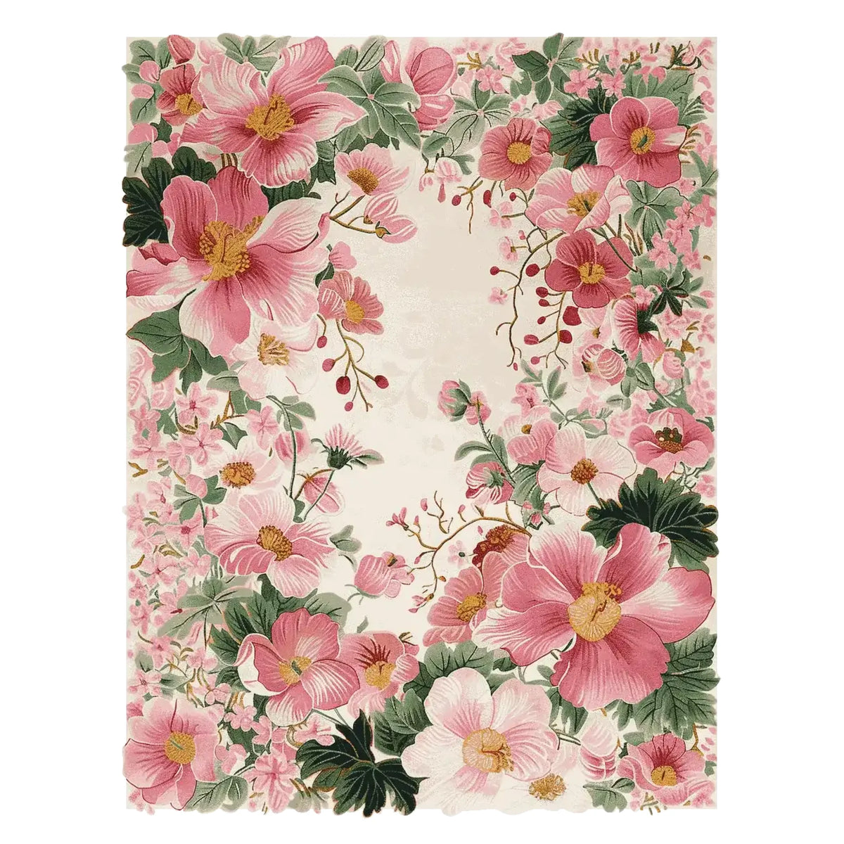 A beautiful Blush Garden Bloom Hand Tufted Area Rug showcasing a vibrant floral design with pink and green hues. This wool rug is perfect for adding a touch of elegance to any living room. Ideal for those seeking floral rugs and area rugs for living room decor.