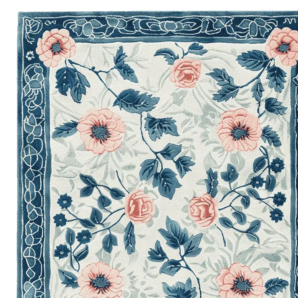 A close-up view of the Blush Garden Bloom Hand Tufted Area Rug, showcasing its intricate floral design with pink and blue flowers on a soft wool texture. Perfect for adding a touch of elegance to your living room, this floral rug combines beauty and comfort.