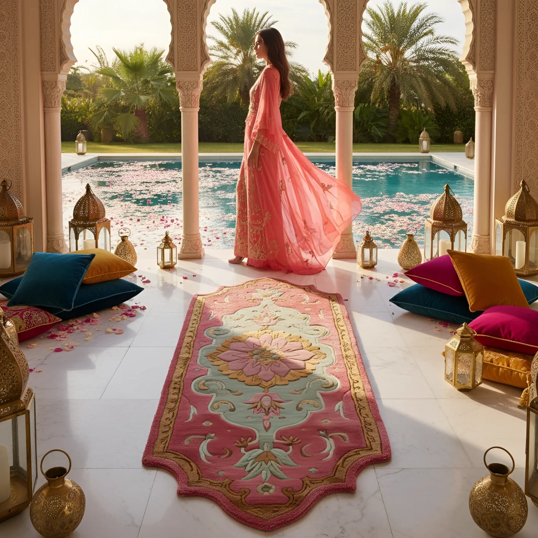 Woman in a pink dress standing by a pool with a decorative rug and cushions.