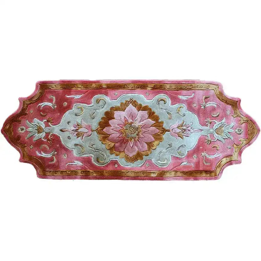 A beautifully designed Blush Luxe Hand Tufted Wool Area Rug with a striking floral pattern in soft pink and gold tones. Perfect as a hallway runner rug or for adding elegance to kitchens, bedrooms, or offices. This contemporary wool rug brings a touch of luxury to any space.