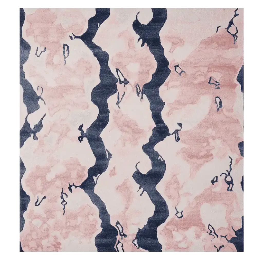 Top view of the Blush Marble Current Hand Tufted Rug, featuring a striking abstract design in blush and navy tones. This area rug is perfect for adding a touch of contemporary style to large living rooms. Made from high-quality wool, this rug offers both comfort and durability, making it an ideal choice for living room area rugs.
