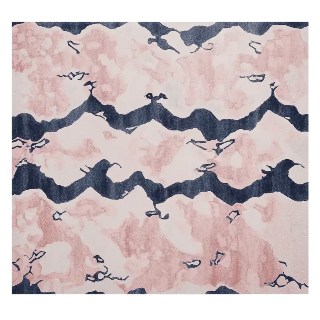 Elegant Blush Marble Current Hand Tufted Area Rug featuring a contemporary abstract design with soft pink and dark blue waves, perfect for large living room spaces. This wool rug adds a stylish touch to any modern home decor.