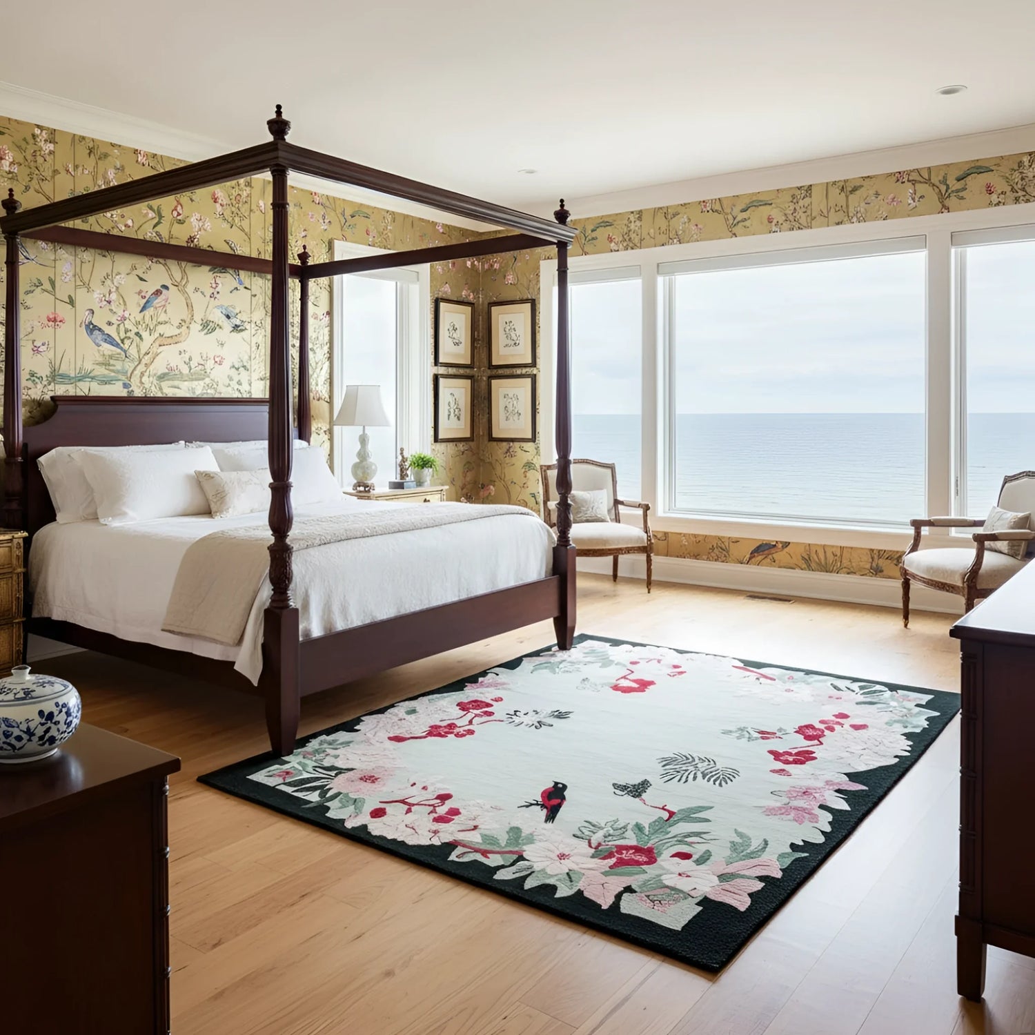 Bedroom with a four-poster bed, floral rug, and large windows.